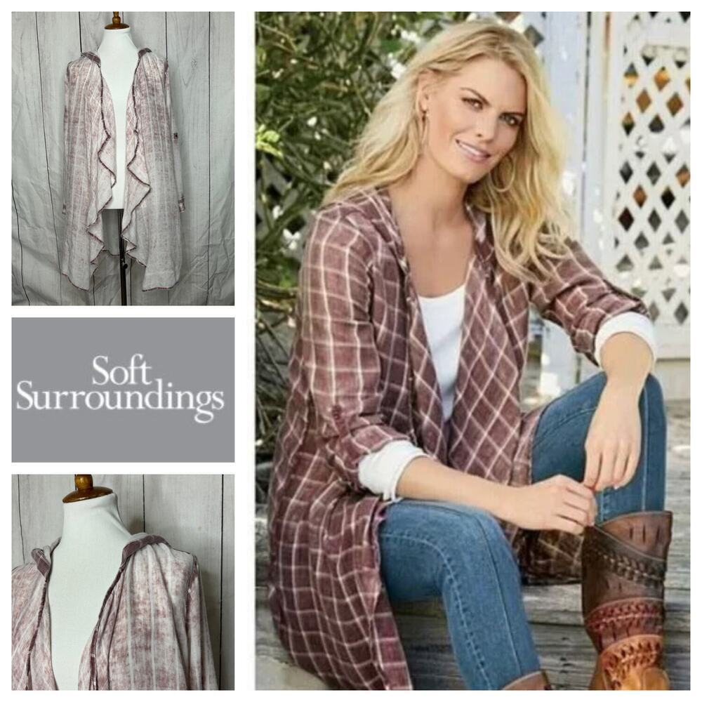 Soft Surroundings ‎ Lightweight Plaid Hooded Top Size S